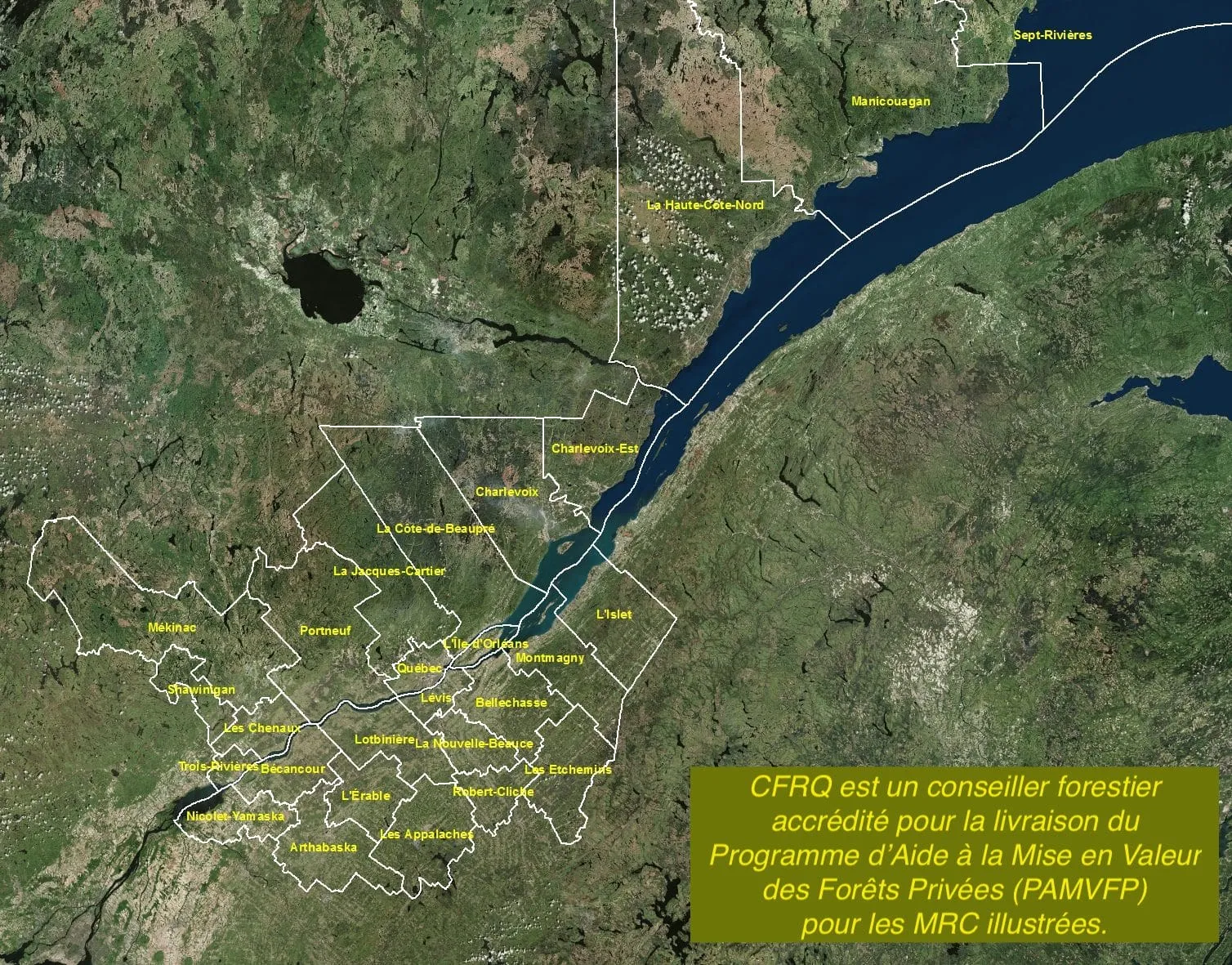 Carte du territoire desservi par CFRQ : les MRC de la région de Québec, de Portneuf, de Charlevoix, de la Côte-Nord, de la Mauricie, des Bois-Francs, de Chaudière et des Appalaches.
